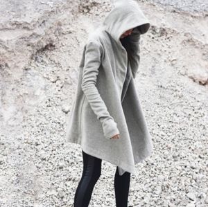 Aakasha Hooded Cashmere Wool Assymetrical Cardigan Wrap Coat Jacket Light Gray